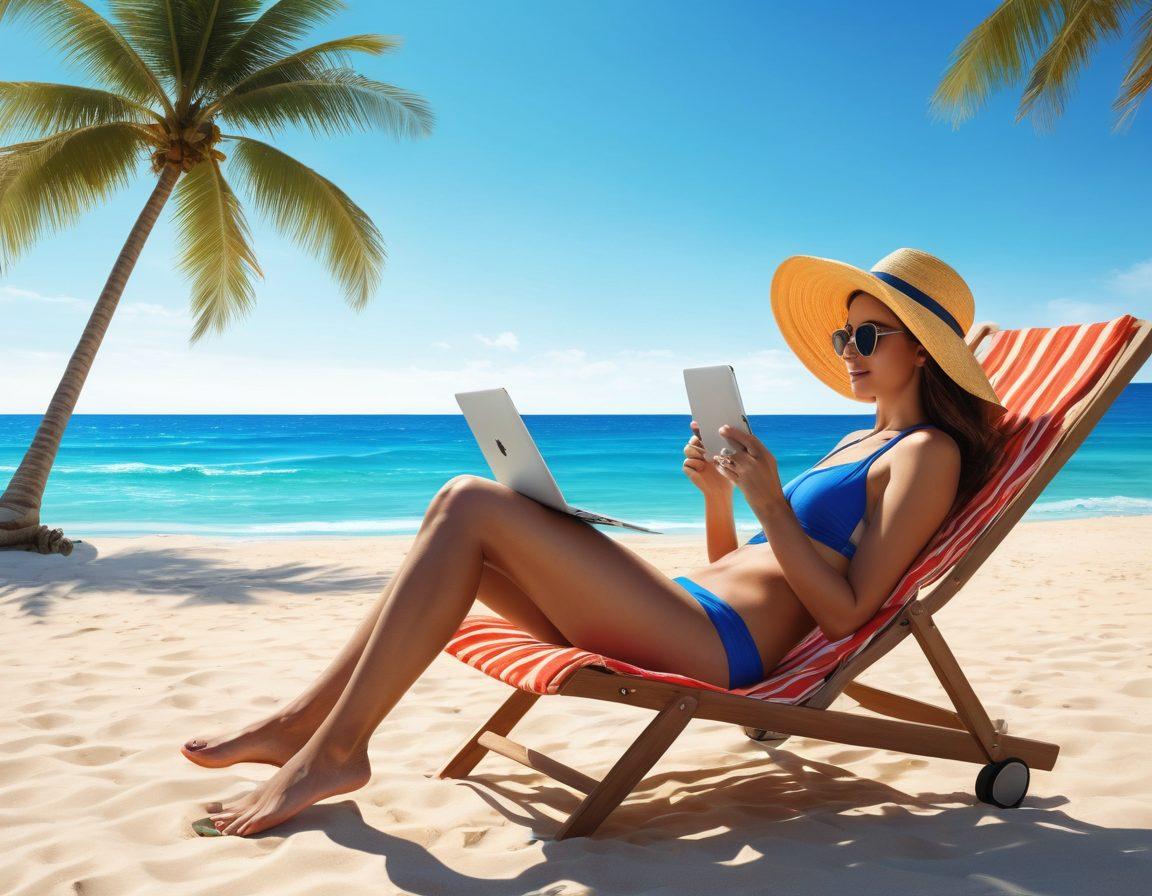A serene beach scene featuring a stylishly dressed individual in a chic swimsuit, relaxing on a sun lounger with a laptop and a refreshing drink. Surround the individual with vibrant beach accessories like a sun hat and colorful beach towel, capturing the essence of work-life balance. Bright sun, clear blue skies, and gentle waves in the background enhance the atmosphere of leisure and productivity. Illustrate this with vivid colors and a super-realistic style.